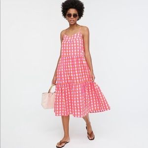 J. Crew X SZ Blockprints Tiered Dress Pink Orange Gingham Large Sundress